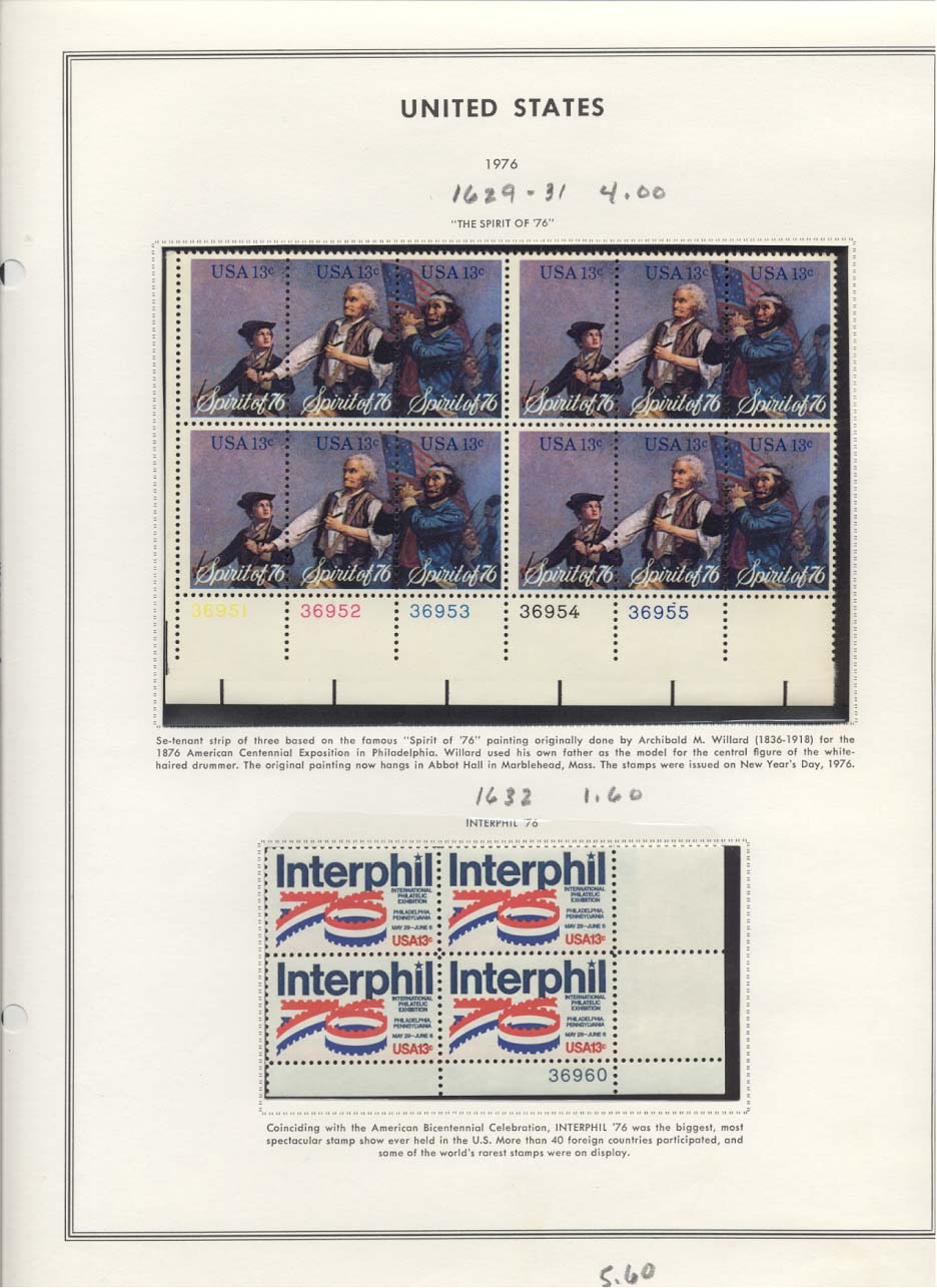 Stamp Plate Block Scott #1629-1631 Spirit of 76 & 1632 Interphil 76