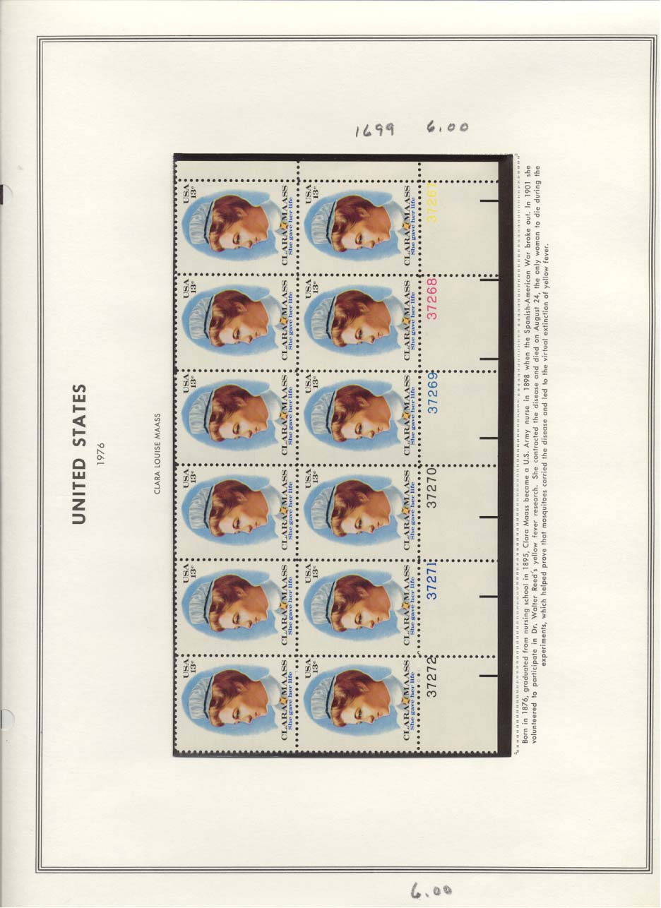 Stamp Plate Block Scott #1699 Clara Louise Maass