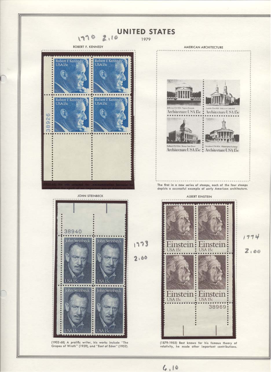 Stamp Plate Block Scott #1770 Robert Kennedy, 1773 John Steinbeck, & 1774 Albert Einstein