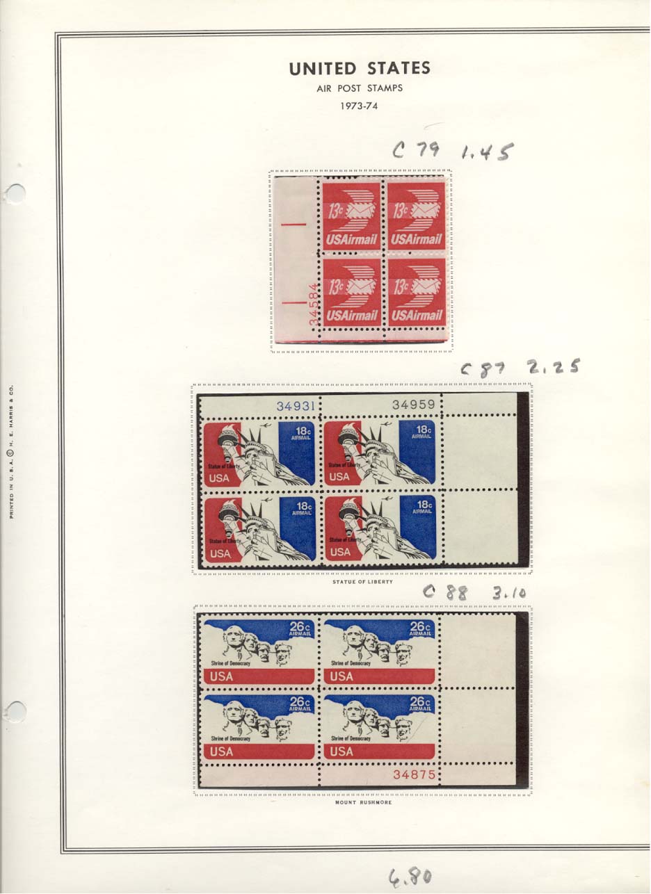 Stamp Plate Block Scott #C79, C87, & C88 Air Post Air Mail Stamps