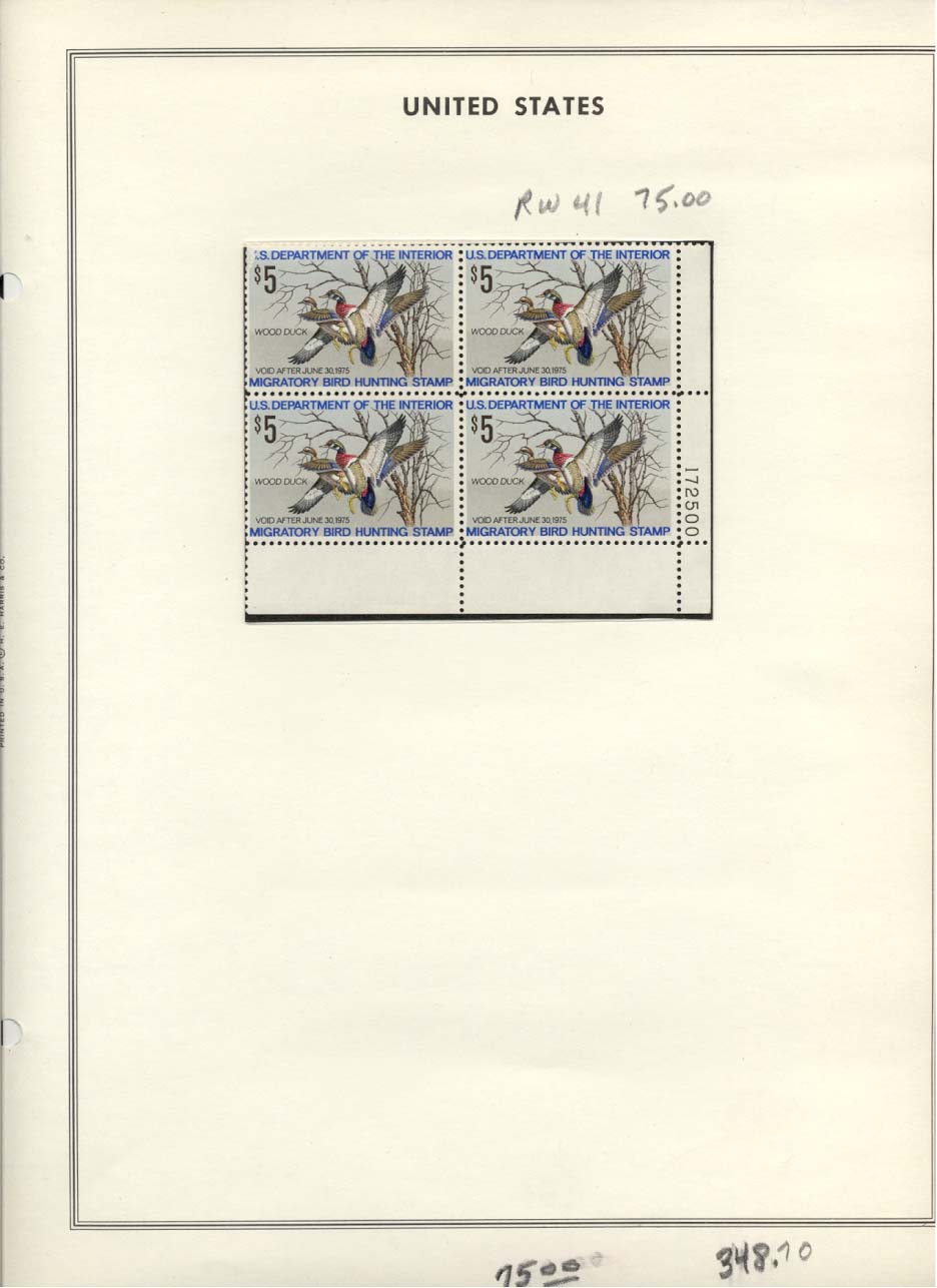 Stamp Plate Block Scott #RW41 1975 Duck Stamps