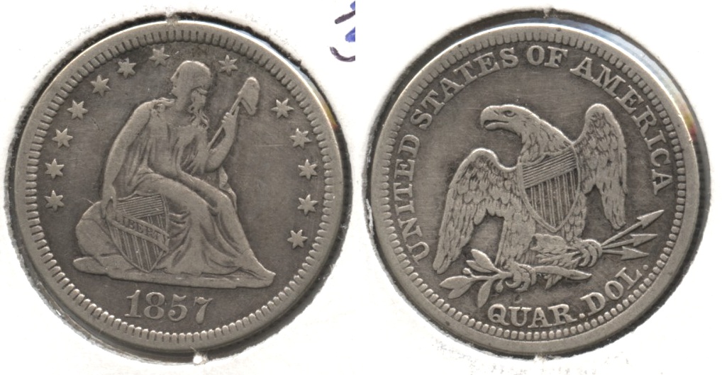 1857 Seated Liberty Quarter VF-20 #d Old Cleaning