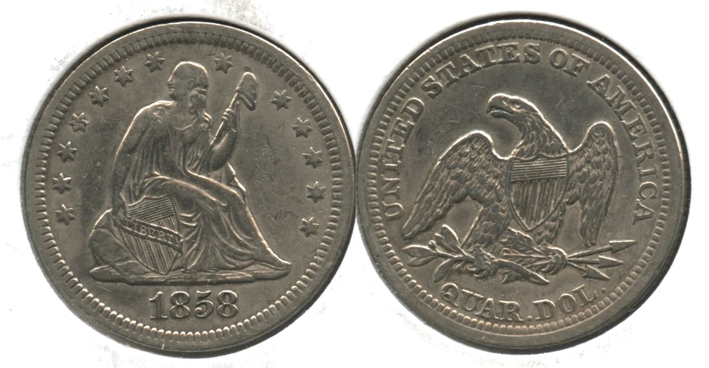 1858 Seated Liberty Quarter EF-40 Cleaned