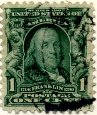Scott 300 Franklin 1 Cent Stamp Blue Green Definitive a