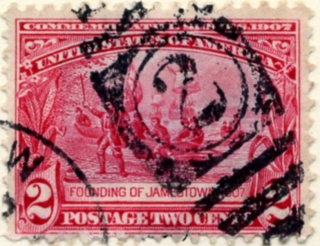 Scott 329 Founding of Jamestown 2 Cent Stamp Carmine a