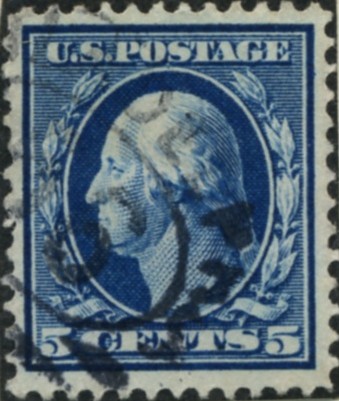 Scott 378 5 Cent Stamp Blue Washington Franklin Series single line watermark