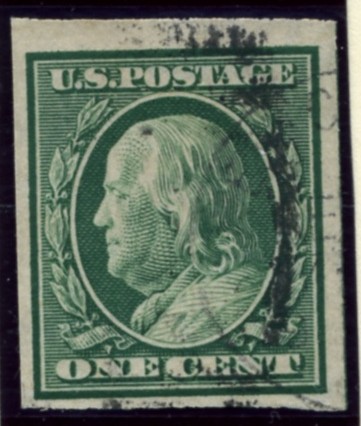 Scott 383 1 Cent Stamp Green Washington Franklin Series no perforations single line watermark