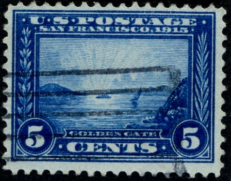 Scott 399 Golden Gate 5 Cent Stamp Blue Panama Pacific perforated 12
