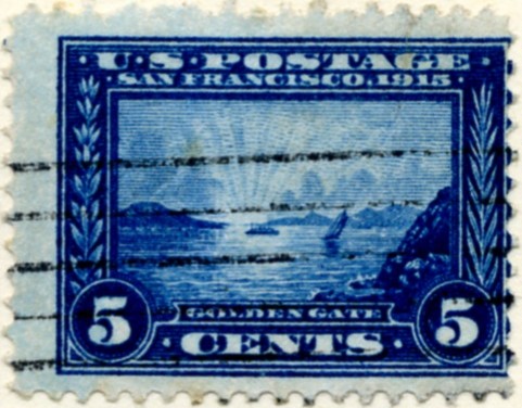 Scott 399 Golden Gate 5 Cent Stamp Blue Panama Pacific perforated 12 a