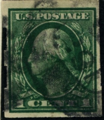 Scott 408 1 Cent Stamp Green Washington Franklin Series not perforated single line watermark