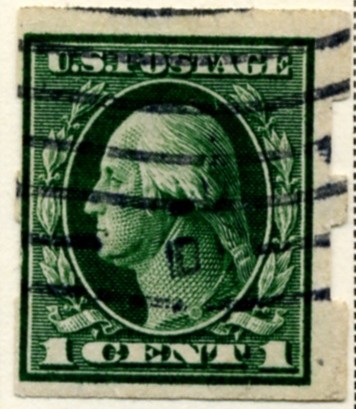Scott 408 1 Cent Stamp Green Washington Franklin Series not perforated single line watermark a
