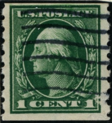 Scott 412 1 Cent Stamp Green Washington Franklin Series perforated vertically single line watermark