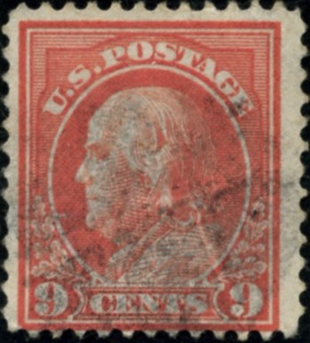 Scott 415 9 Cent Stamp Salmon Red Washington Franklin Series perforated 12 single line watermark