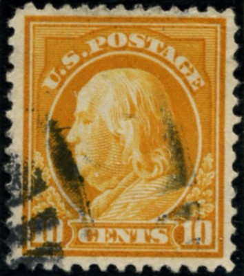 Scott 416 10 Cent Stamp Orange Yellow Washington Franklin Series perforated 12 single line watermark
