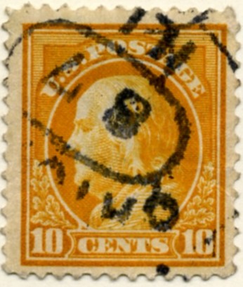 Scott 416 10 Cent Stamp Orange Yellow Washington Franklin Series perforated 12 single line watermark a
