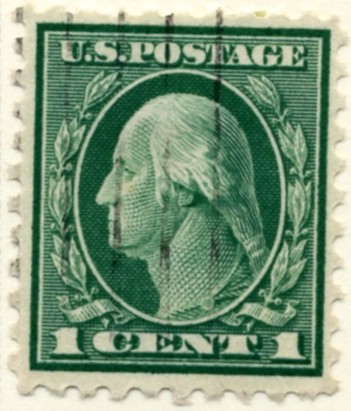 Scott 424 1 Cent Stamp Green Washington Franklin Series perforated 10 single line watermark a