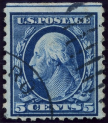 Scott 428 5 Cent Stamp Blue Washington Franklin Series perforated 10 single line watermark