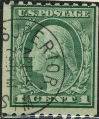 Scott 441 1 Cent Stamp Green Washington Franklin Series perforated 10 horizontally single line watermark
