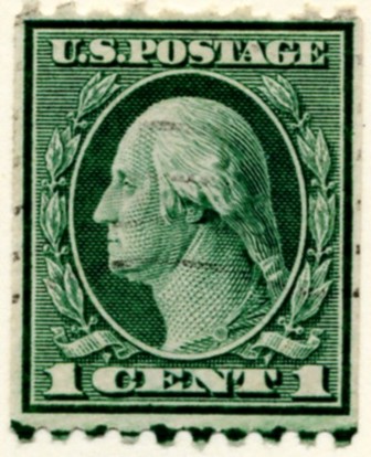 Scott 441 1 Cent Stamp Green Washington Franklin Series perforated 10 horizontally single line watermark a