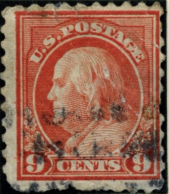 Scott 471 9 Cent Stamp Salmon Red Washington Franklin Series perforated 10 no watermark