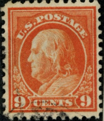 Scott 509 9 Cent Stamp Salmon Red Washington Franklin Series perforated 11 no watermark