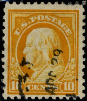 Scott 510 10 Cent Stamp Orange Yellow Washington Franklin Series perforated 11 no watermark