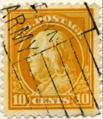 Scott 510 10 Cent Stamp Orange Yellow Washington Franklin Series perforated 11 no watermark a