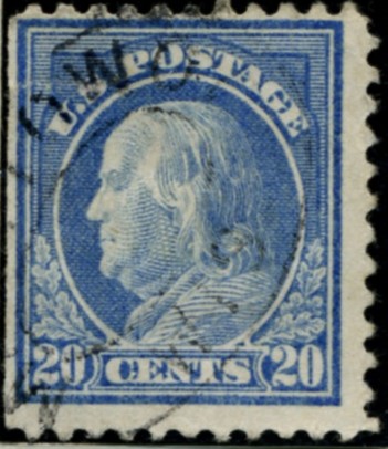 Scott 515 20 Cent Stamp Ultramarine Washington Franklin Series perforated 11 no watermark