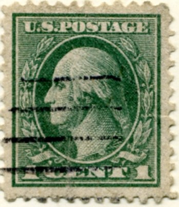 Scott 525 1 Cent Stamp Gray Green Washington Franklin Series perforated 11 no watermark a