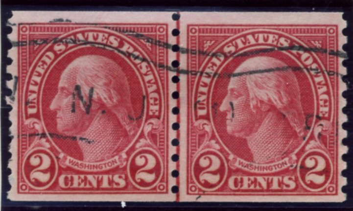 Scott 599 Washington 2 Cent Stamp Carmine Type 1 Series of 1922-1925 Rotary Press coil stamp Perforated 10 vertically pair