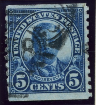 Scott 602 Roosevelt 5 Cent Stamp Dark Blue Series of 1922-1925 Rotary Press coil stamp Perforated 10 vertically