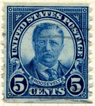 Scott 602 Roosevelt 5 Cent Stamp Dark Blue Series of 1922-1925 Rotary Press coil stamp Perforated 10 vertically b