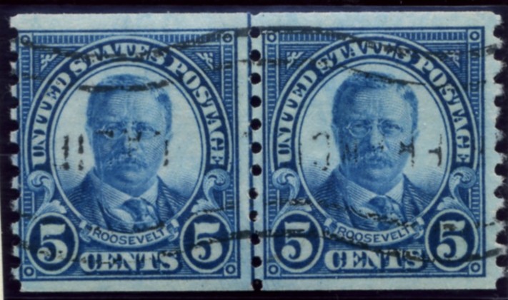 Scott 602 Roosevelt 5 Cent Stamp Dark Blue Series of 1922-1925 Rotary Press coil stamp Perforated 10 vertically pair