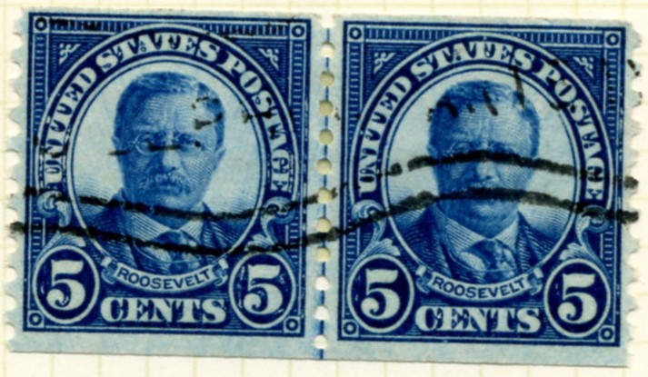 Scott 602 Roosevelt 5 Cent Stamp Dark Blue Series of 1922-1925 Rotary Press coil stamp Perforated 10 vertically pair #a