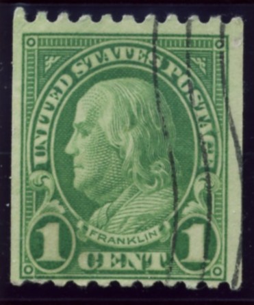 Scott 604 Franklin 1 Cent Stamp Green Series of 1922-1925 coil stamp Perforated 10 horizontally