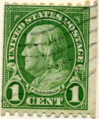 Scott 604 Franklin 1 Cent Stamp Green Series of 1922-1925 coil stamp Perforated 10 horizontally a