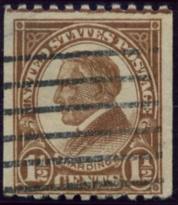 Scott 605 1 1/2 Cent Stamp Yellow Brown Series of 1922-1925 coil stamp Perforated 10 horizontally