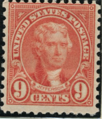 Scott 641 Jefferson 9 Cent Stamp Orange Red Series of 1922-1925 Perforated 11x10 1/2