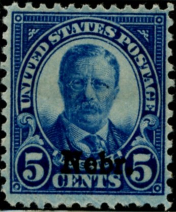 Scott 674 Teddy Roosevelt 5 Cent Stamp Deep Blue Series of 1922-1925 Overprinted Nebr