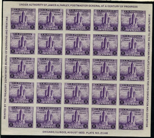 Scott 731 3 Cent Stamp A.P.S. Convention souvenir sheet of 25