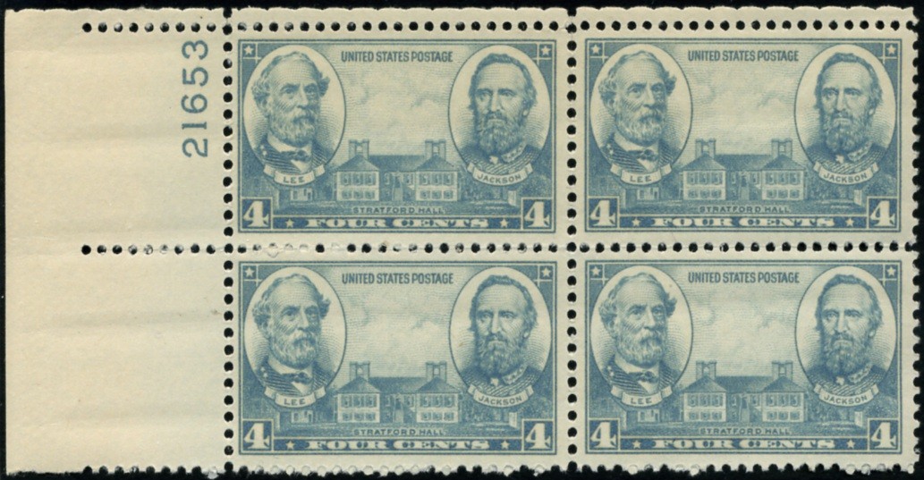 Scott 788 4 Cent Stamp Lee and Stonewall Jackson with Stratford Hall Plate Block