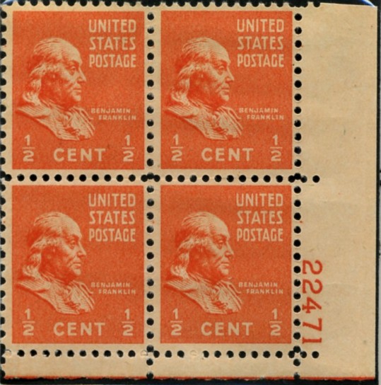 Scott 803 1/2 Cent Stamp Benjamin Franklin Plate Block