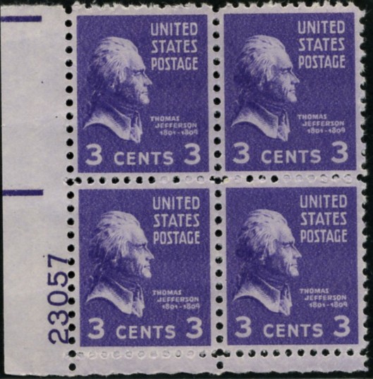 Scott 807 3 Cent Stamp Thomas Jefferson Plate Block