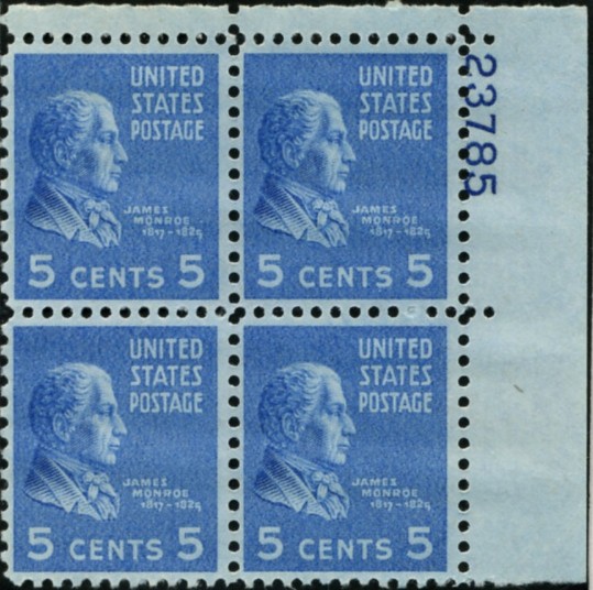 Scott 810 5 Cent Stamp James Monroe Plate Block