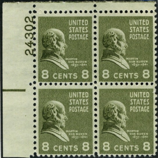 Scott 813 8 Cent Stamp Martin Van Buren Plate Block