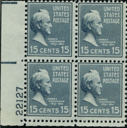 Scott 820 15 Cent Stamp James Buchanan Plate Block