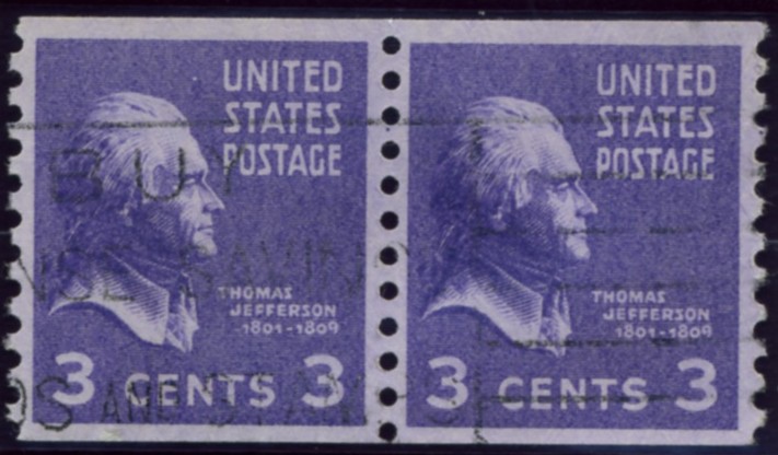 Scott 842 3 Cent Stamp Thomas Jefferson coil stamp Perforated vertically pair