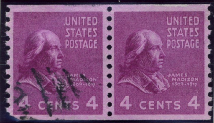 Scott 843 4 Cent Stamp James Madison coil stamp Perforated vertically pair