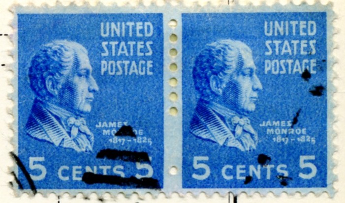 Scott 845 5 Cent Stamp James Monroe coil stamp Perforated vertically pair a