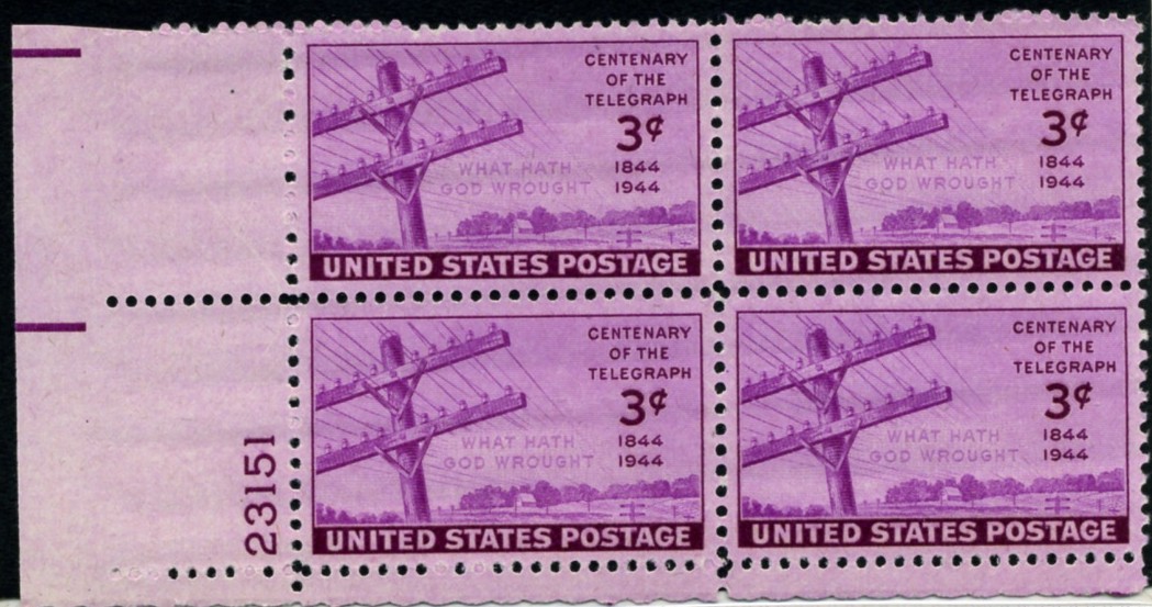 Scott 924 3 Cent Stamp Telegraph Centenary Plate Block